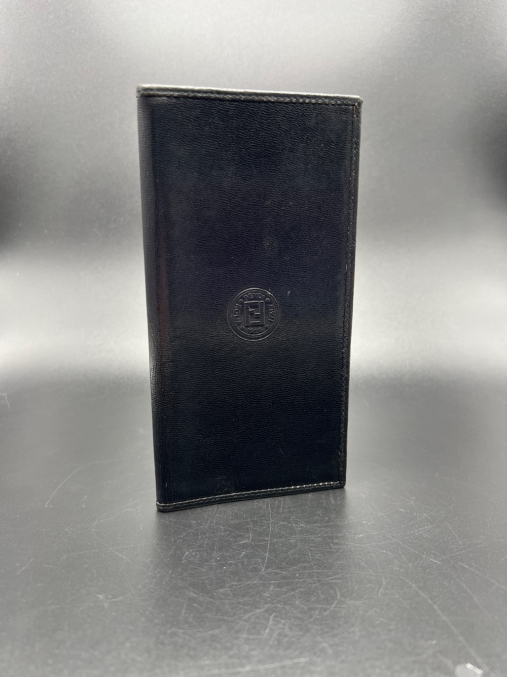 Fendi Medallion Black Leather Bifold Wallet Card Checkbook Holder VINTAGE